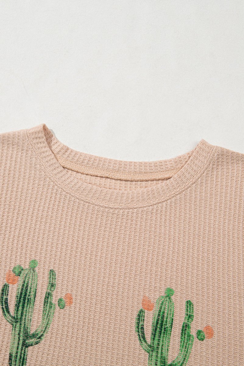 Light French Beige Cactus Forest Waffle Half Sleeve Tee Set - Love Salve